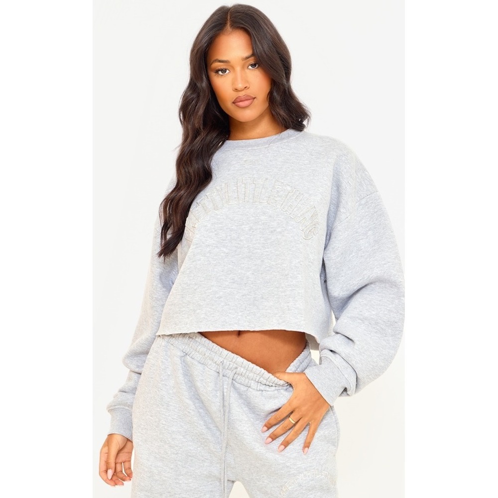 PLT Tall Grey Marl Distressed Varsity Cropped Sweatshirt -‎ Size 10, NEW